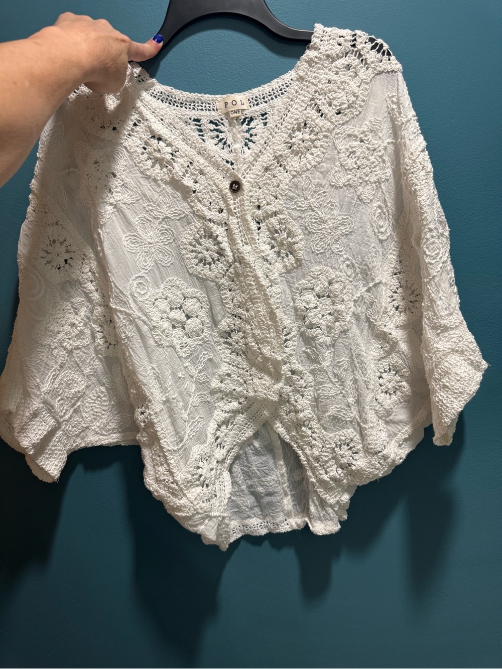 POL White Crochet Lace Button-Front Tunic Top